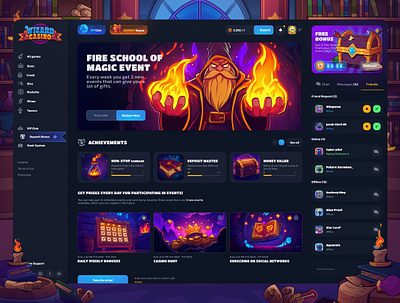 Wizard Casino: Deposit Bonus page 2d betting bonus bonus page calendar casino dark interface deposit fire magic gambling game banners game illustration game interface page promo slot game uiux web design win witch