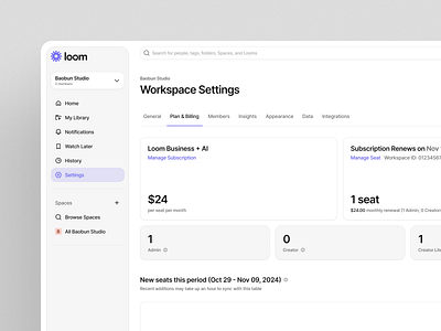 Loom Redesign Concept - Settings Page billing branding cards clean design light mode loom loom redesign minimal minimalist navbar product design saas saas design sidebar ui ux web app web app design web design