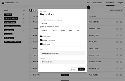 ‘opensearch’ — AI chat ai chat chatgpt create role dashboard dialog filter form openai permissions saas ui