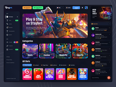 Staybet - Online Casino Interface banners betting blockchain casino crypto crypto casino dashboard gambling game game icons game tiles games gaming home page igaming illustration online casino slot games slots social casino