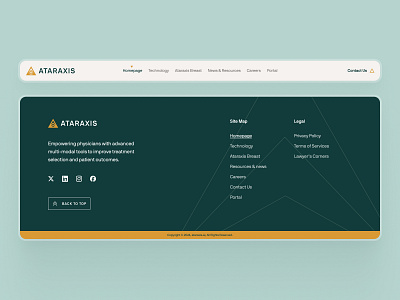 ataraxis.ai - AI Precision Medicine - Top Nav & Footer Component ai drug discovery ai precision medicine biotech biotech landing page biotech web design biotech website biotechnology clean drug discovery website footer gold green machine learning website minimal modern precision medicine website responsive website soft top nav top nav layout