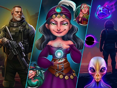 Mystic Slot Characters: Elevate Your Game's Magic! 2d art casino character design cosmic design design inspiration dribbble showcase gambling game design gameart gamedev graphic design illustration lime agency photoshop slot game warrior