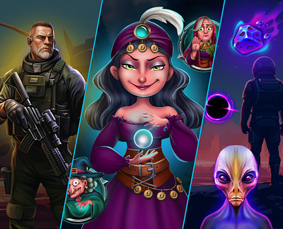 Mystic Slot Characters: Elevate Your Game's Magic! 2d art casino character design cosmic design design inspiration dribbble showcase gambling game design gameart gamedev graphic design illustration lime agency photoshop slot game warrior