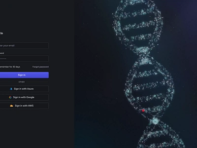 Login page DNA animation 3d animation b2b blue dark dna enterprise interaction log in login motion rive saas sign up spline