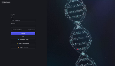 Login page DNA animation 3d animation b2b blue dark dna enterprise interaction log in login motion rive saas sign up spline