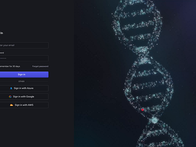 Login page DNA animation 3d animation b2b blue dark dna enterprise interaction log in login motion rive saas sign up spline