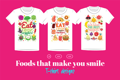 POD foods design children cute design flat design food fruits funny graphic design happy illustration junk food pod print smile sweets t shirt tote bag vegetables veggies