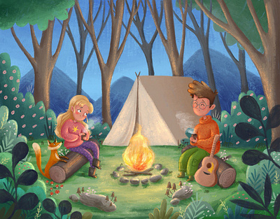 Evening by the campfire on a hike 2d art campfire camping character design children book hiking illustration kdp amazon kdp book kid with glasses kids book kindle picture book picture book illustrator