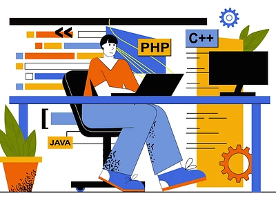 IT Developer 2D Animation 2d animation c code editor coding coding languages computer desk developer flat illustration it java man motion php programmer software development software engineering tech industry web development