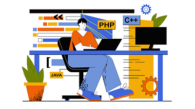 IT Developer 2D Animation 2d animation c code editor coding coding languages computer desk developer flat illustration it java man motion php programmer software development software engineering tech industry web development