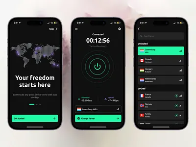 VPN Mobile App appdesign branding darkmodeui design graphic design illustration landing page logo mobile app ui user experience user interface ux vector vpn app web design