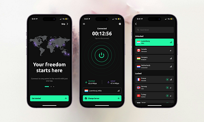 VPN Mobile App appdesign branding darkmodeui design graphic design illustration landing page logo mobile app ui user experience user interface ux vector vpn app web design