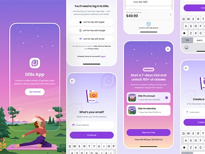 Mindfulness and Meditation Mobile App app branding character design exercise gradient graphic design icon illustration logo meditation mindfulness mobile app onboarding premium pricing project sign in ui design yoga