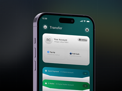 PayTech: Transfer Screen account app card clean cyan design fintech gradient green icon money neomorphic neomorphism payment payment method simple top up transper ui wallet