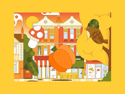 Neighbourhood Series pt 022 autumn beanie bird england finch fresh fruit grocer halloween illustrator london market mushroom peas pumpkin sparrow sun sunset trees united kingdom vector