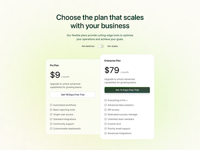 Pricing page for SaaS Company app design clean design green landing page minimalist modern pricing pricing page pricing section saas saas website software website tech ui web webdesign website