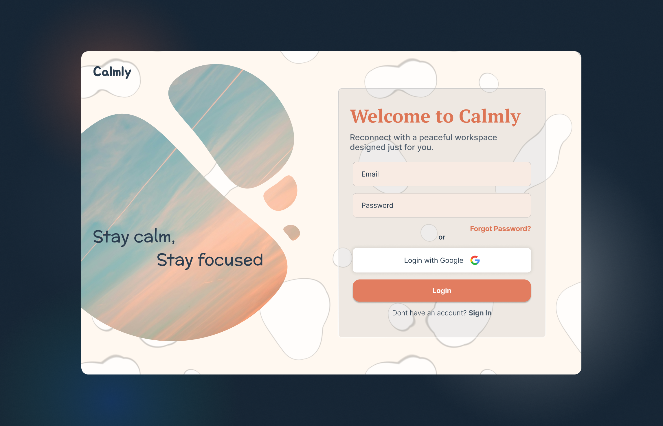 "Calmly Login Interface: A Stress-Free Workspace Entry" graphic design ui