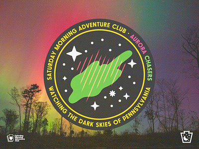 aurora chasers aurora aurora chasers badge branding explore patch saturday morning adventure club smac stargazing stars sticker wolf