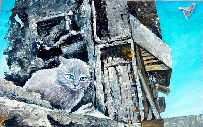 Original Acrylic Painting, War in Ukraine and Cats, Cat art cat drone hand painted handmade illustration paint painting ukraine war