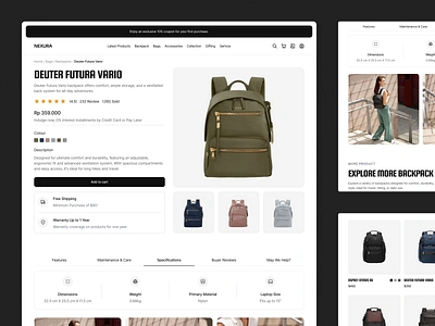 Nexura - Travel Gear Product Details Page accessories adventure bags camping companion e commerce ecommerce gear hiking landing page product shop store travel traveler ui ux web web design website