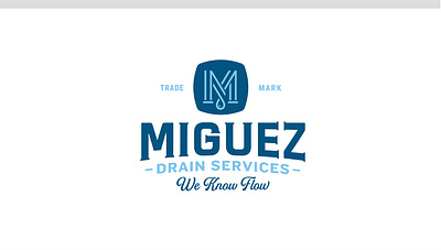 Miguez Drain Services badge branding drain droplet flow identity lock up logo m m logo miguez monogram pipe pipes plumbing services water