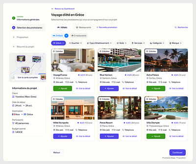 🌏 Travel SaaS Interface - Project Creation Flow (WIP) agency app branding design hotel purple restaurant saas travel ui ux web web design webapp white