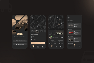 Drio: Modern Ride Booking App Design app showcase booking app dark mode design darktheme ui design inspiration mobile ux modern interface ride booking app sleek design transportaion ui ui ux design