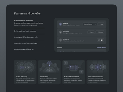 Sales AI co-pilot landing page ai ai agent bento bento box bento icons branding co pilot dark mode desktop generation gpt illustrations interface landing page outreach pricing prompt sales ui website