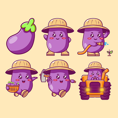 cute kawaii eggplant character with farming activities cartoon cutegardening eggplantharvesting eggplanthoeing eggplantplowing eggplantwatering farmlife funnyharvest gardeningart mascot tractor vegetableart wateringplants