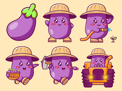 cute kawaii eggplant character with farming activities cartoon cutegardening eggplantharvesting eggplanthoeing eggplantplowing eggplantwatering farmlife funnyharvest gardeningart mascot tractor vegetableart wateringplants