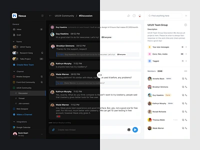 Channel Discussion cansaas channel channel discussion clean collaborate collaboration collaboration team communication dark mode dashboard design discusstion interface light mode product design saas saas product design team ui ux