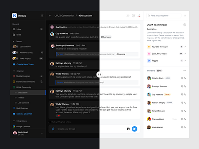 Channel Discussion cansaas channel channel discussion clean collaborate collaboration collaboration team communication dark mode dashboard design discusstion interface light mode product design saas saas product design team ui ux