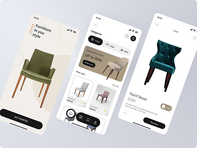 Furniture Shop Mobile App 3d app chair clean design ecommerce furniture furniture app ikea interior ios minimal minimalist mobile product design property shop store ui ux