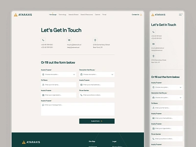 ataraxis.ai - AI Precision Medicine - Contact Page UIUX ai drug discovery ai precision medicine biotech biotech landing page biotech web design biotech website biotechnology clean contact form ui contact page contact us page drug discovery website gold green machine learning website minimal modern precision medicine website responsive website soft