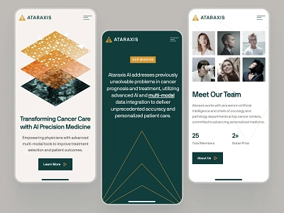 ataraxis.ai - AI Precision Medicine - Mobile Homepage UIUX ai drug discovery ai precision medicine biotech biotech landing page biotech web design biotech website biotechnology clean drug discovery drug discovery website gold green machine learning website minimal modern precision medicine precision medicine website responsive website soft webflow mobile