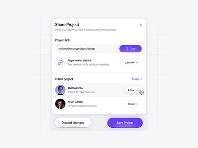 Share Project Modal clean cleanui collaboration component dailyui management minimalist modal modern purple saas sharing team ui ui design uicomponent uiinspiration uiux user interface webdesign