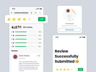 Customer Review: Feedback screen app design card design cards clean ui components design empty state feedback form input minimal minimalistic mobile ui modal popup review review management ui