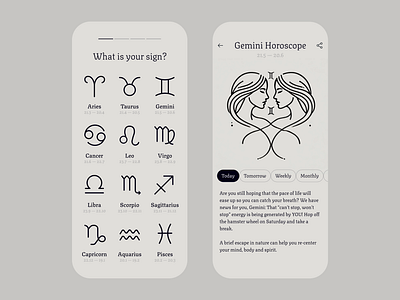 Minimalistic Horoscope App: Black & White Paper Style UI app app design app designer astro astrology horoscope ios ios app ios app design ios app designer ios designer mobile mobile app mobile app design mobile app designer mobile designer signs stars zodiac