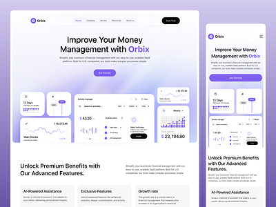 Money Management Landing Page | Orbix Studio b2b banking platform dashboard ebanking expenses management finance dashboard fintech graph income invest investment management money online banking orbix studio overview saas saving ui ux