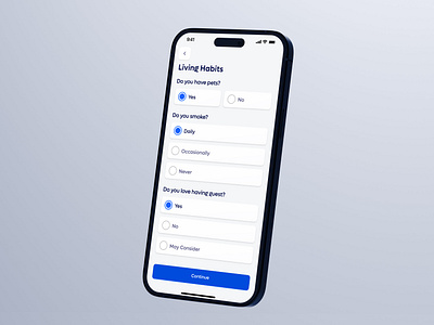 Mobile App Onboarding Screen app design booking app clean ui clear layout interactive design lifestyle preferences minimalist ui mobile app design mobile experience onboarding screen personalization questionnaire design roommate matching ui design user experience user friendly design user interface user preferences ux design