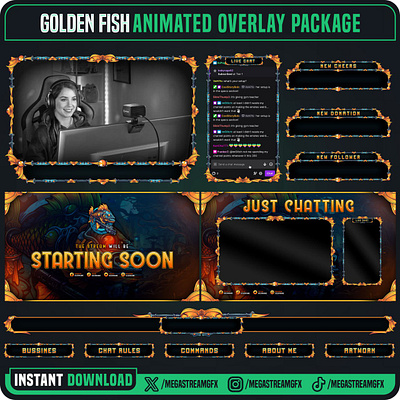 The Golden Fish Stream Overlay Pack - Twitch Overlay stream graphics