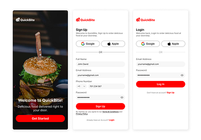 QuickBite Food Delivery App Design – Welcome, Sign-Up, and Login app ecommerce figma food mobile app ui ux