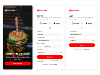 QuickBite Food Delivery App Design – Welcome, Sign-Up, and Login app ecommerce figma food mobile app ui ux