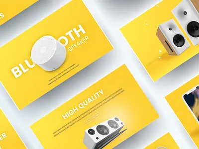 Yellow Bluetoth Speaker Gadget Presentation Design clean pitch design design strategy educational slides google slides design marketing presentation