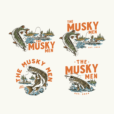 The Musky Men Design Set branding design fishing design graphic design hand drawn design hand drawn illustration hand drawn logo illustration illustration vintage logo design merchandise design musky fish print stuff tshirt design vintage logo