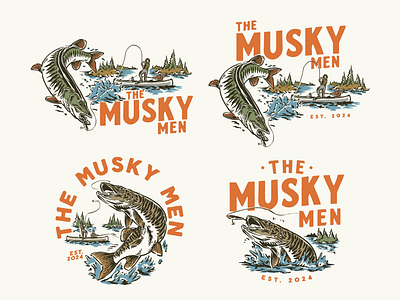 The Musky Men Design Set branding design fishing design graphic design hand drawn design hand drawn illustration hand drawn logo illustration illustration vintage logo design merchandise design musky fish print stuff tshirt design vintage logo