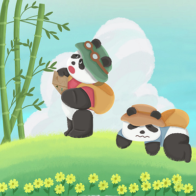 Two Pandas on a Bamboo Treasure Hunt cartoon digital drawing illustration procreate wallpaper