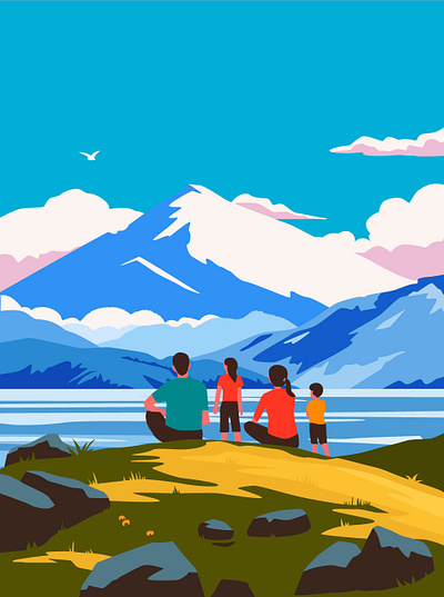 Look at the mountains family hiking illustration landscape mountain outdoor rest sky travel