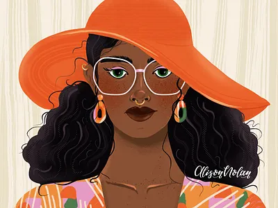 DTIYS Portrait character portrait curly black hair dark skin design drawing challenge dtiys female illustrator fun with faces hand drawn illustration orange hat portrait party procreate striped background woman