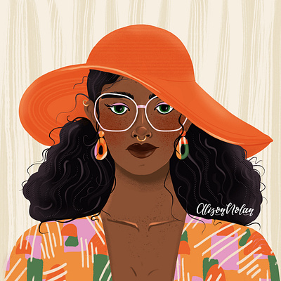 DTIYS Portrait character portrait curly black hair dark skin design drawing challenge dtiys female illustrator fun with faces hand drawn illustration orange hat portrait party procreate striped background woman